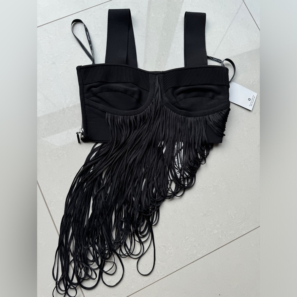 HERVE LEGER Draped Fringe Crop Top Black XS NEW $990